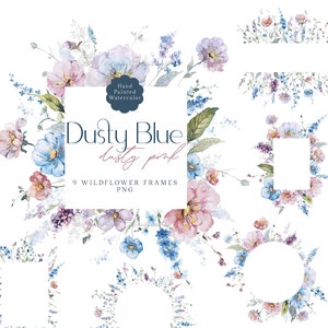 Dusty Blue Pink Floral Clipart Molduras de flores em aquarela Clip Art Pastel Light Malva Primavera Verão Bordas Convites de casamento Gráficos PNG