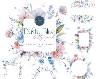 Dusty Blau Rosa Floral Clipart Aquarell Blumenrahmen Clip Art Pastell Light Mauve Frühling Sommer Grenzen Hochzeit Einladungen Grafiken PNG