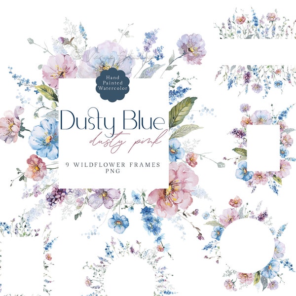 Dusty Blue Pink Floral Clipart Watercolor Flower Frames Clip Art Pastel Light Mauve Spring Summer Borders Wedding Invitations Graphics PNG