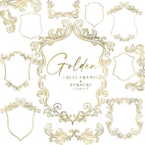 Gold Crest Frames Clipart, Hand Drawn Golden Borders, Ornate Antique Baroque Victorian Lineart Frame Wedding PNG