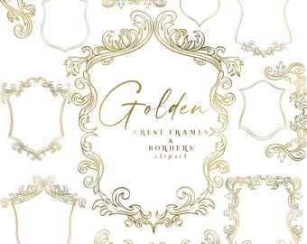 Gold Crest Frames Clipart, Hand Drawn Golden Borders, Ornate Antique Baroque Victorian Lineart Frame Wedding PNG