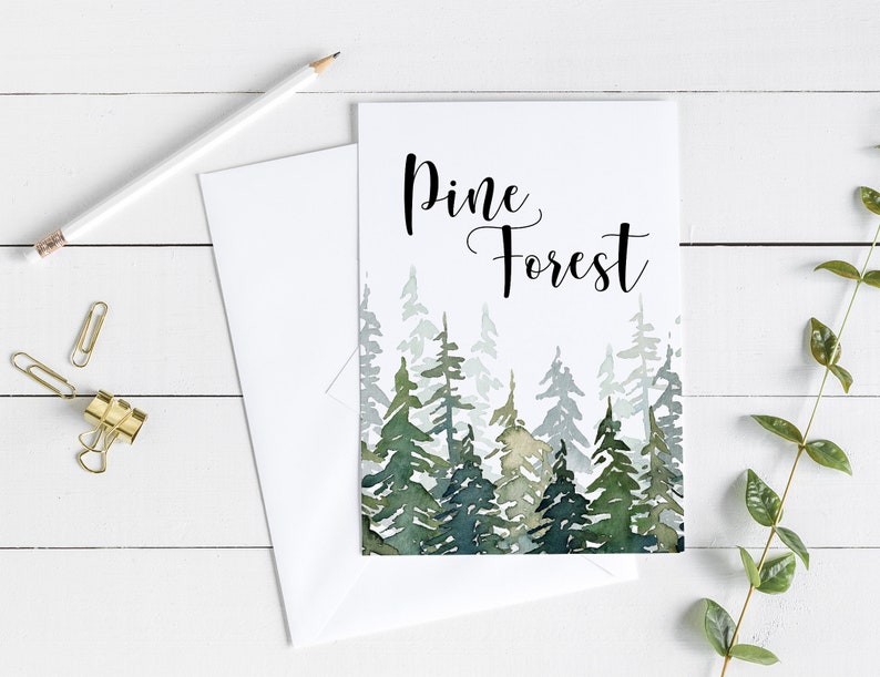 May include: A watercolor painting of a pine forest with the text "Pine Forest" in black cursive lettering.