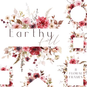 Pode incluir: Oito molduras florais em aquarela em um esquema de cores bordô, blush e creme. As molduras são perfeitas para adicionar um toque de elegância aos seus projetos. O texto "Earthy fall" está escrito em preto no topo da imagem.