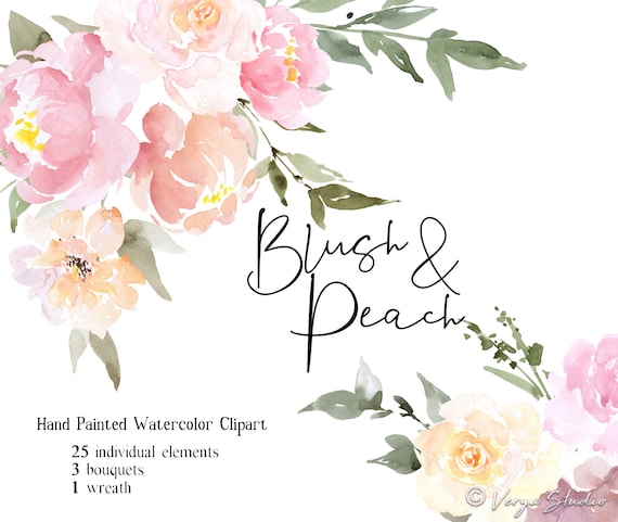 peach floral watercolor clip art, blush pink floral clip art By