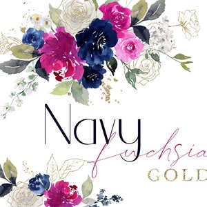 Clipart floral de acuarela de color azul marino y dorado fucsia, clipart de flores rosas y azules, elementos de arte lineal dorado, clipart de boda, ramos de flores, hojas PNG