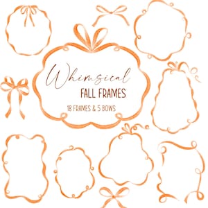 Op de afbeelding: Een verzameling oranje kaders en strikken in aquarel-stijl met de tekst Whimsical FALL FRAMES 18 FRAMES & 5 BOWS. De set bevat diverse geschulpte en afgeronde randvormen, elk met een handgeschilderd uiterlijk en zachte randen.