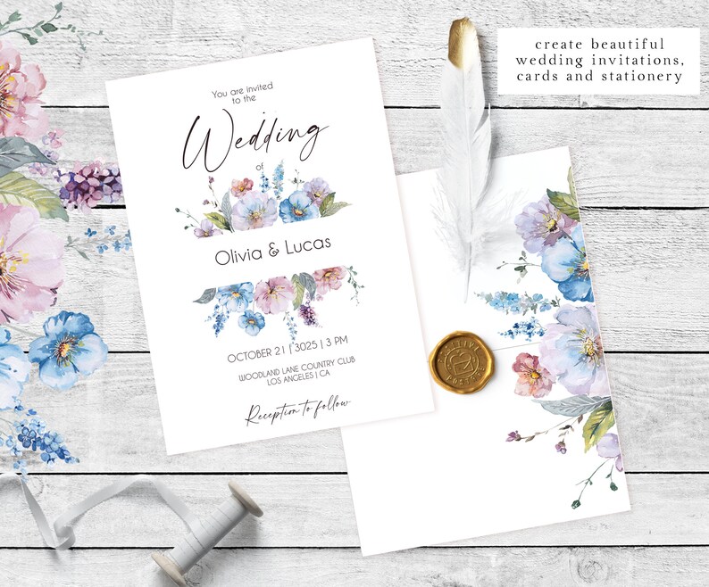 May include: A wedding invitation with a watercolor floral design in shades of blue and pink. The invitation reads "You are invited to the Wedding of Olivia & Lucas" and includes the date, time, and location of the wedding. The text "Reception to follow" is also included.