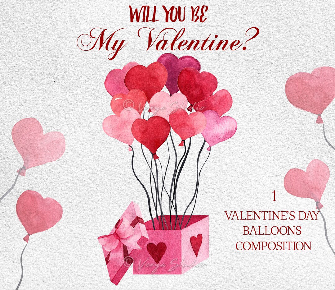 Watercolor Valentine's Day Clipart PNG - Heart Balloons PNG, Valentine ...