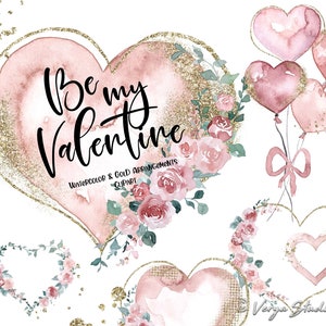 Valentijn clipart aquarel Valentijnsdag clipart hart krans gouden frame gouden glitter hart vormen ballonnen stoffige roze bloemen boeket