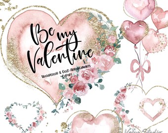 Valentine Clipart Watercolor Valentine's Day Clipart Heart Wreath Gold Frame Golden Glitter Heart Shapes Balloons Dusty Rose Flowers Bouquet