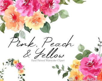 Peach Pink Yellow Flowers Clipart Watercolor Floral Clip Art Orange Bright Pink Roses Greenery Wreath Bouquet Wedding Invitations DIY PNG