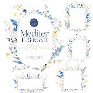 Azul Amarelo Floral Clipart Aquarela Flores Silvestres Clip Art Mediterrâneo Empoeirado Azul Flores Silvestres Molduras Delicadas Arco De Flores Borda Casamento PNG