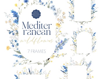 Blue Yellow Floral Clipart Watercolor Wild Flowers Clip Art Mediterranean Dusty Blue Wildflower Frames Dainty Flower Arch Border Wedding PNG
