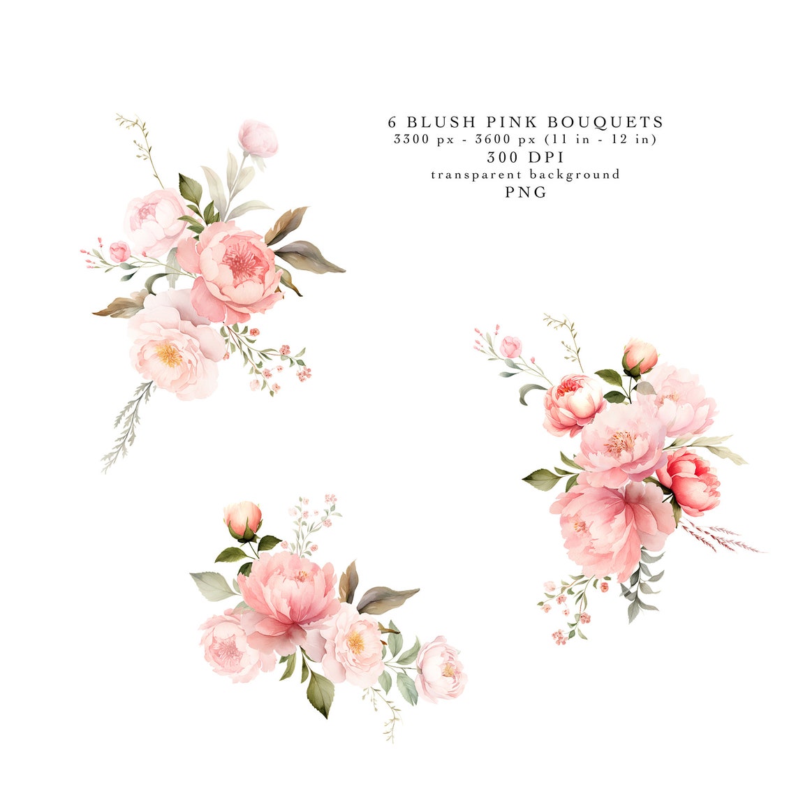 Blush Pink Floral Clipart Watercolor Peonies Bouquets Clip Art ...