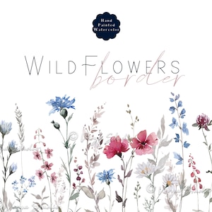 Floral Aquarell Bordüre - Wilde Blumen Clipart, Burgund, Marsala, Marine Blau, Wildblumen Bordüre, Einladungen Clipart, Sommer Blumen Clipart