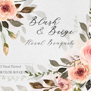 Aquarel blush crème bloemen clipart boeketten perzik roze crème rozen bladeren Aquarelle PNG bloemen bruiloft bruids uitnodigingen afbeeldingenset