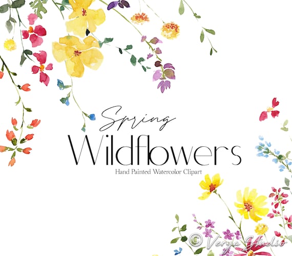 Watercolor Wildflowers Clipart Spring Clip Art Bright Yellow Pink Blue Purple Wildflower Summer Florals Spring Wreath Bouquet Wedding PNG