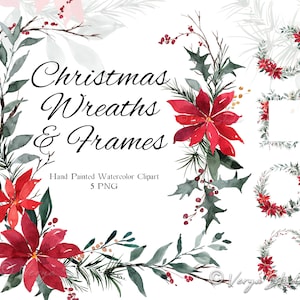 Aquarela Natal Clipart Guirlanda de Natal Moldura de Natal Clip Art Cartões de felicitações Convites Floral Poinsétia Flores Fazenda PNG