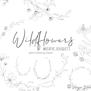 Clipart de arte lineal botánico Clipart de flores silvestres Arte lineal floral Dibujo a lápiz Ilustraciones de hierbas Ramos minimalistas Corona Hojas Flores