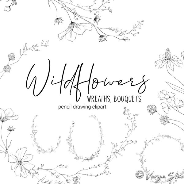 Botanischer Lineart Clipart Wildblumen Clipart Floral Line Art Bleistift Zeichnung Kräuter Illustrationen Minimalistisch Blumen Blumen Kranz Blätter