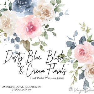Aquarell Blumen Clipart Staubblau, rosa, blush, Creme, Beige, Elfenbein, Pastell, Blumen, Clip Art, Hochzeitseinladungen, Blumensträuße, Printables