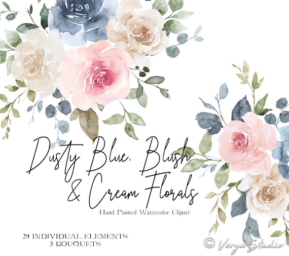 Watercolor Flowers Clipart Dusty Blue Pink Blush Dusty Rose 