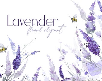 Clipart de lavanda, acuarela, flores, clip art, morado, lila, violeta, flores, botánica, vegetación, primavera, abejas, gráficos de boda, ramo, marco PNG
