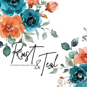Aquarelle fleurs orange rouille sarcelle Clipart Floral Clip Art feuilles verdure roses pivoines automne automne mariage Clipart imprimable bouquets PNG