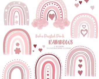 Rainbows Pastel Pink Digital Clipart -  Boho Rainbow Clipart Set, Watercolor Dusty Rose Boho Rainbows PNG, Nursery Decor Printable Digital