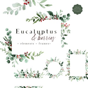 Clipart di bacche di Natale, Clip Art di verde invernale, Foglie di fogliame botanico di Natale PNG, Cornici, ghirlande, Bordi, Cornice di foglie di eucalipto