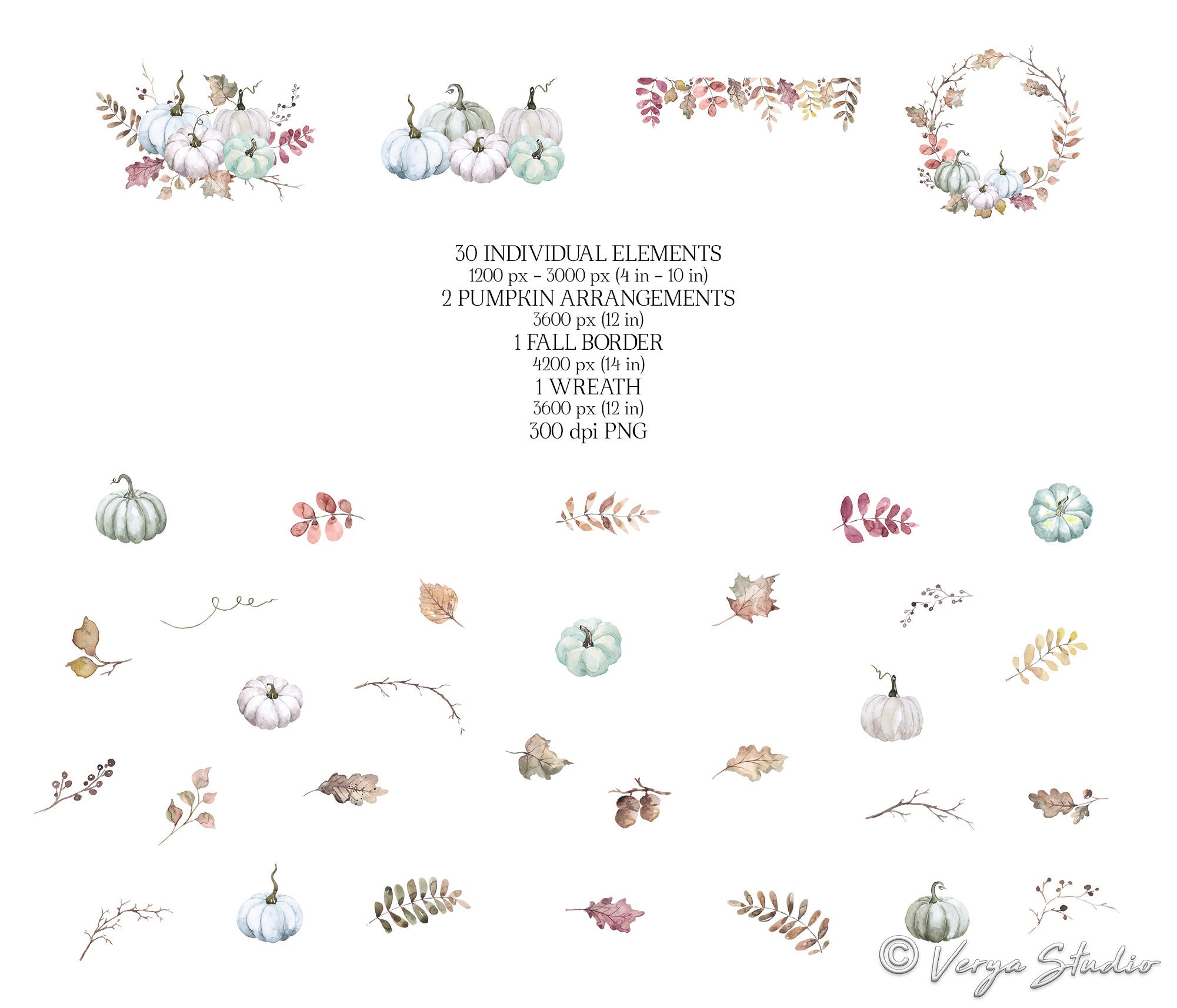 Watercolor Fall Clipart Autumn Clip Art White Pumpkins Green Blue ...