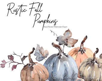 Fall Pumpkins Clipart Watercolor Pumpkin Clip Art Autumn Clipart Neutral Rustic Brown Orange Beige Blue Pumpkins Leaves Thanksgiving Harvest