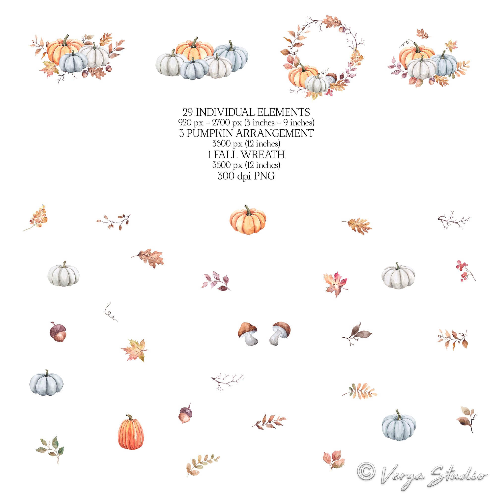 Fall Clipart Watercolor Autumn Clip Art Pumpkin Clipart White Blue ...