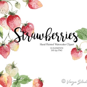 Strawberries Clipart Watercolor Strawberry Clip Art Fruit Greenery Summer Spring Clipart Labels Printable Planner Stickers Sublimation PNG