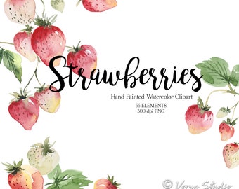 Strawberries Clipart Watercolor Strawberry Clip Art Fruit Greenery Summer Spring Clipart Labels Printable Planner Stickers Sublimation PNG