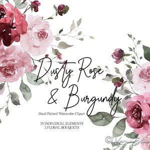 Stoffige roos bordeaux aquarel bloemen clipart blush roze donker rode wijn bloemen rozen pioenrozen bruiloft clip art florals graphics boeketten PNG
