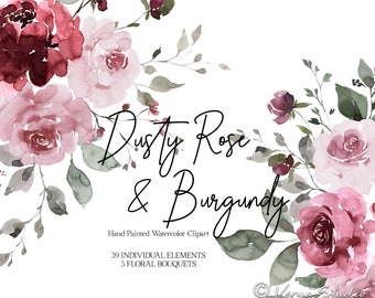 Dusty Rose Burgundy Watercolor Floral Clipart Blush Pink Dark Red Wine Flowers Roses Peonies Wedding Clip Art Florals Graphics Bouquets PNG