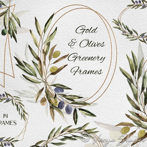 Olive Golden Frames Clipart, Watercolor Olive Branch, Olive Wreath Foliage Frames Modern Floral Frame Wedding Greenery Rustic Bridal Laurel