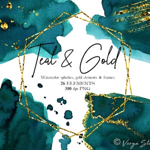 May include: Teal and gold watercolor splashes with gold glitter accents and geometric frames. The text "Teal & Gold" is written in black cursive script. The text "Watercolor splashes, gold elements & frames" is written in black sans-serif font. The text "26 ELEMENTS" is written in black sans-serif font. The text "300 dpi PNG" is written in black sans-serif font. The text "Verya Studio" is written in black sans-serif font.
