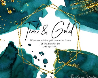 Teal Watercolor Splashes Clipart Green Blue Blobs Splodges Splatter Wedding Clipart Geometric Golden Frames Gold Brush Strokes Shape PNG