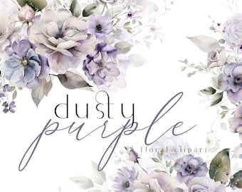 Clipart floral violet poussiéreux, clipart fleur lilas, aquarelle mauve fleur PNG, bouquets violets, fleurs de mariage, bordure printemps été automne