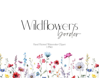 Borde floral de flores silvestres - Clipart floral de acuarela, flores de pradera, clipart de flores silvestres, flores de verano, borde de flores de acuarela PNG