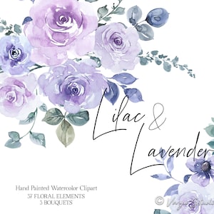 Lilac Lavender Watercolor Flowers Clipart Light Purple Floral Clip Art Spring Summer Wedding Clipart Bridal Shower Graphics Hand Painted PNG