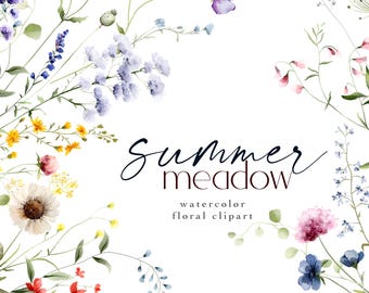 Dainty Wild Flowers Clipart: Hand-Painted Watercolor Floral Elements, Bouquets, Borders Spring Summer Meadow PNG Bundle