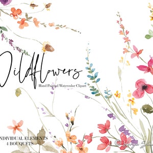 Wildflowers Watercolor Floral Clipart Wild Flowers Wedding Clipart Spring Summer Autumn Fall Clipart Yellow Pink Blue Peach Red Botanical