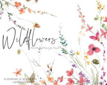 Wildflowers Watercolor Floral Clipart Wild Flowers Wedding Clipart Spring Summer Autumn Fall Clipart Yellow Pink Blue Peach Red Botanical