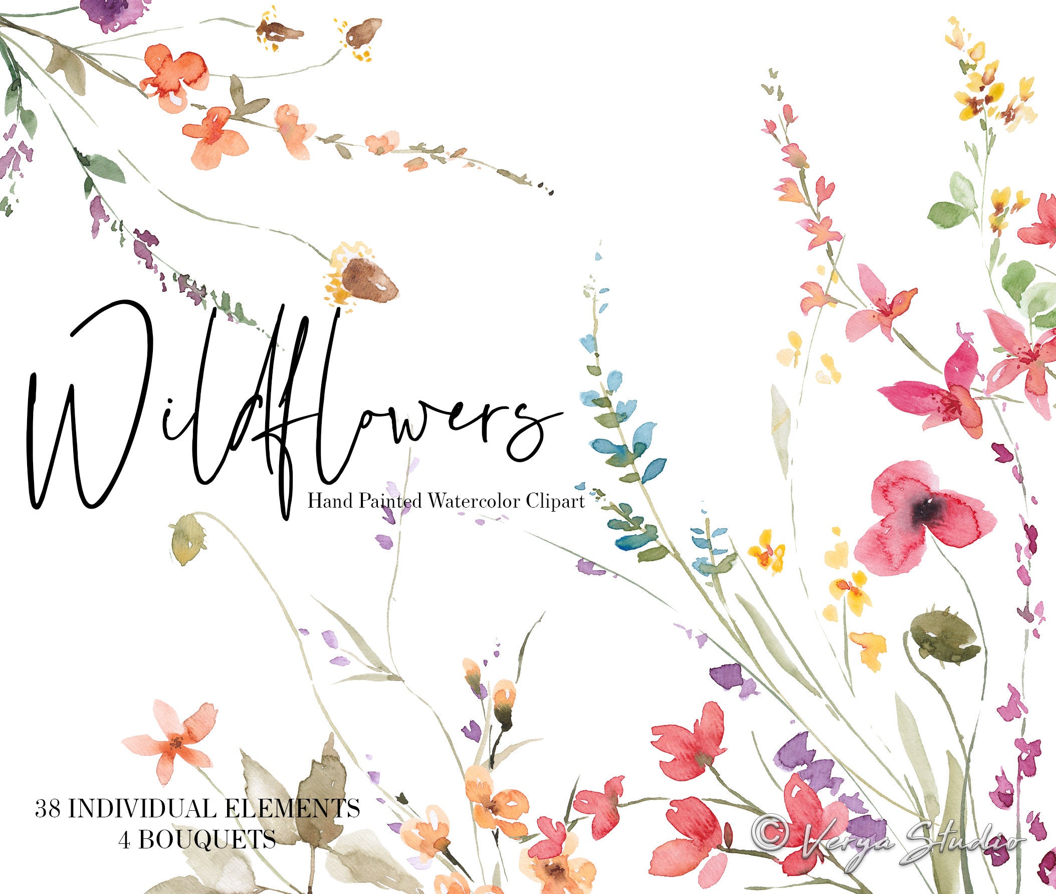 Wildflowers Watercolor Floral Clipart Wild Flowers Wedding Etsy