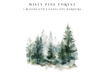 Clipart forêt de pins brumeux aquarelle paysages boisés 5 PNG frontières pin arbres à feuilles persistantes arrière-plans mariage graphiques rustique élégant