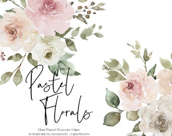 Pastel Watercolor Floral Clipart Blush Pink Beige Ivory White Light Flowers Clip Art Spring Wedding Invitations Graphics Printables PNG