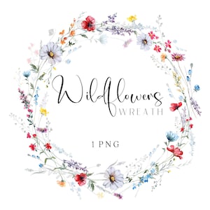 Coroa de flores silvestres - Clipart de flores em aquarela, flores do prado, clipart de flores silvestres, primavera verão, gráficos de casamento, pintados à mão